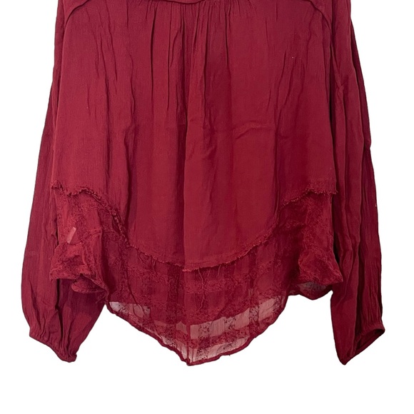 FREE PEOPLE Rainy Days Gauze Lace Oversized Boho Peasant Swing Top Burgundy M - Picture 7 of 13